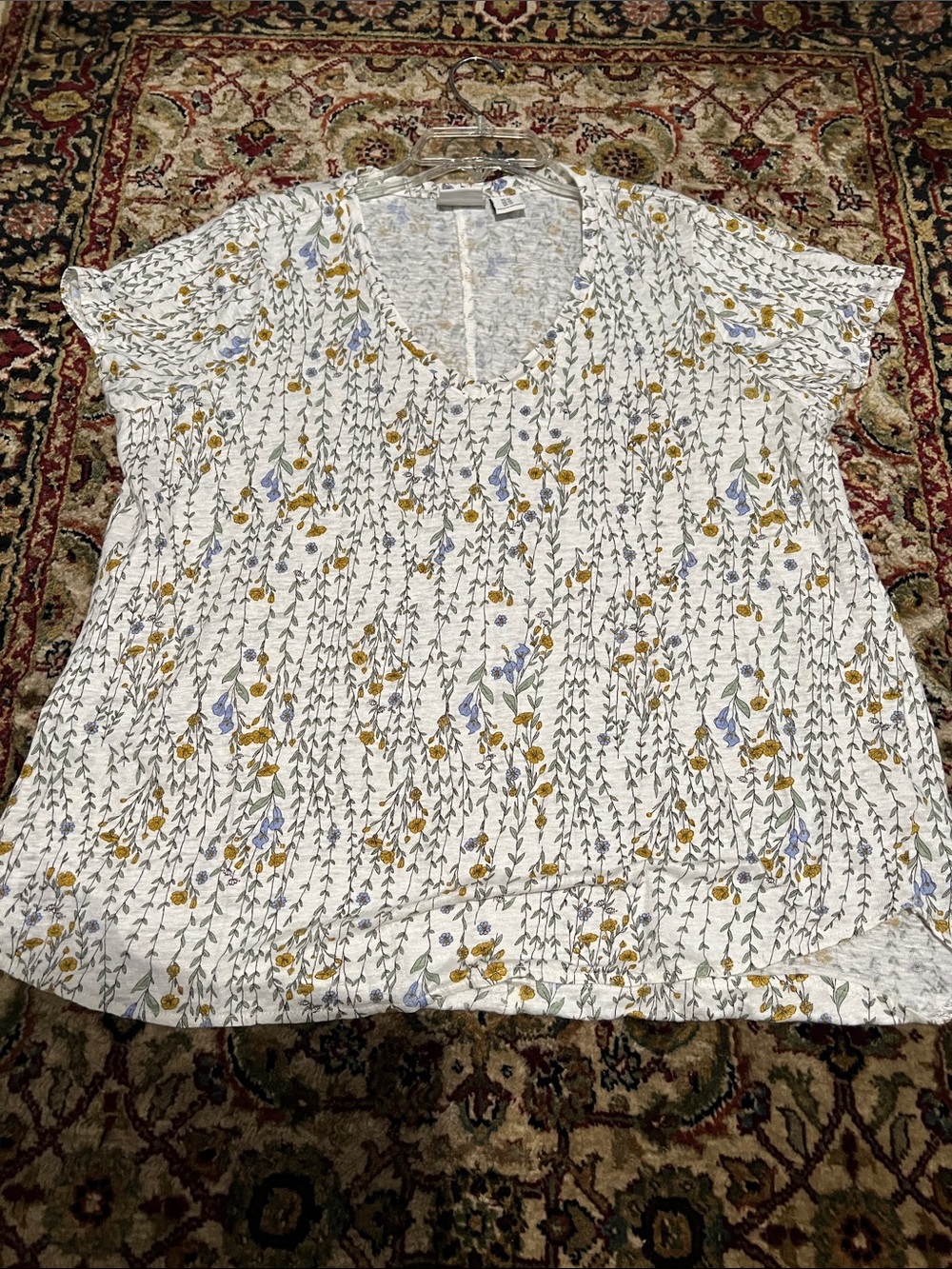 Rachel Zoe Beige Linen Floral V-Neck Short Sleeve Tee Size 1X